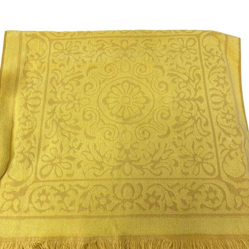 Vintage Sears Drylon Towel Set Yellow Green Floral Damask Fringed MCM USA